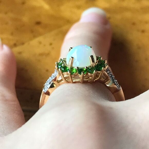 Natural Ethiopian Opal Chrome Diopside Sterling Silver Halo Ring Size 5.75 - Picture 2 of 8